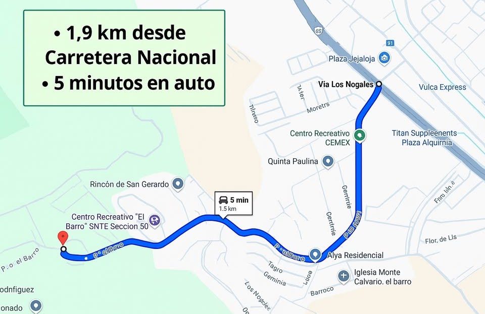 Mapa de la ruta: 1.9 km desde la carretera nacional, 5 minutos en auto